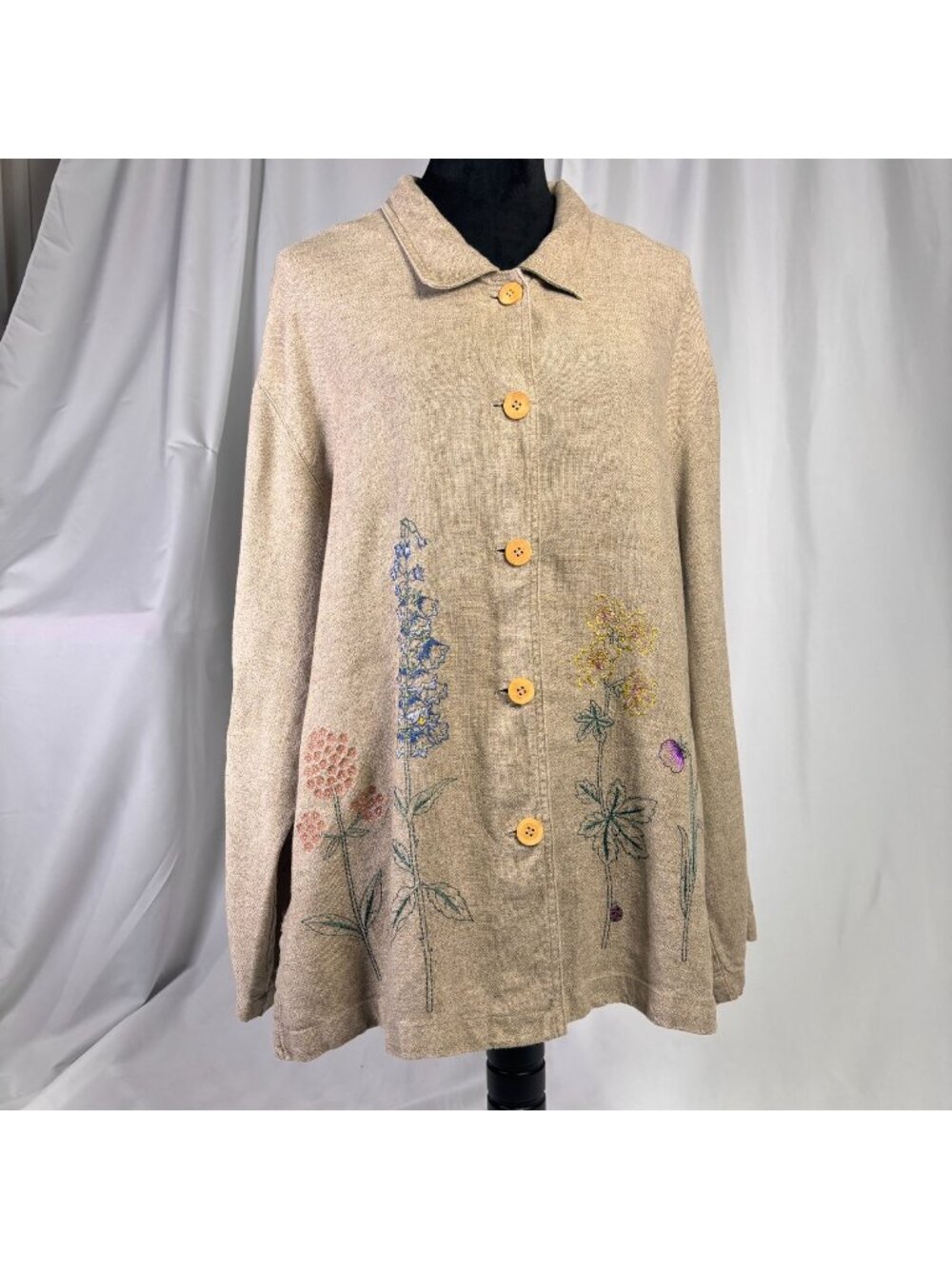 Jessica Howard Beige Button-Up Embroidered Floral Linen Blend Jacket Womens 16G